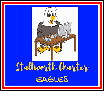 Mascot Eagle sitting at computer desk
