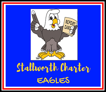 Mascot Eagle holding report card
